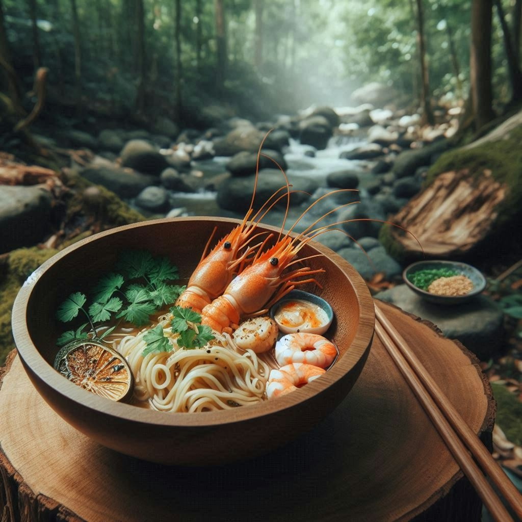 森で食べるseafood noodle