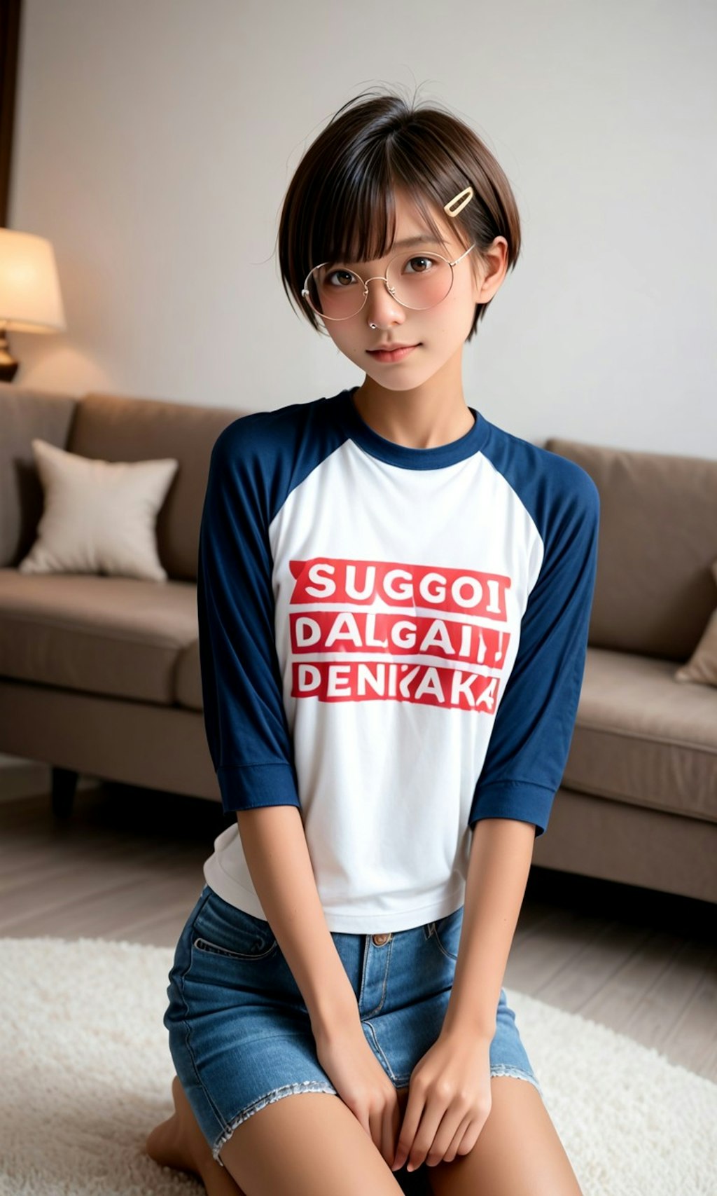 Tシャツ姿の丸メガネ少女