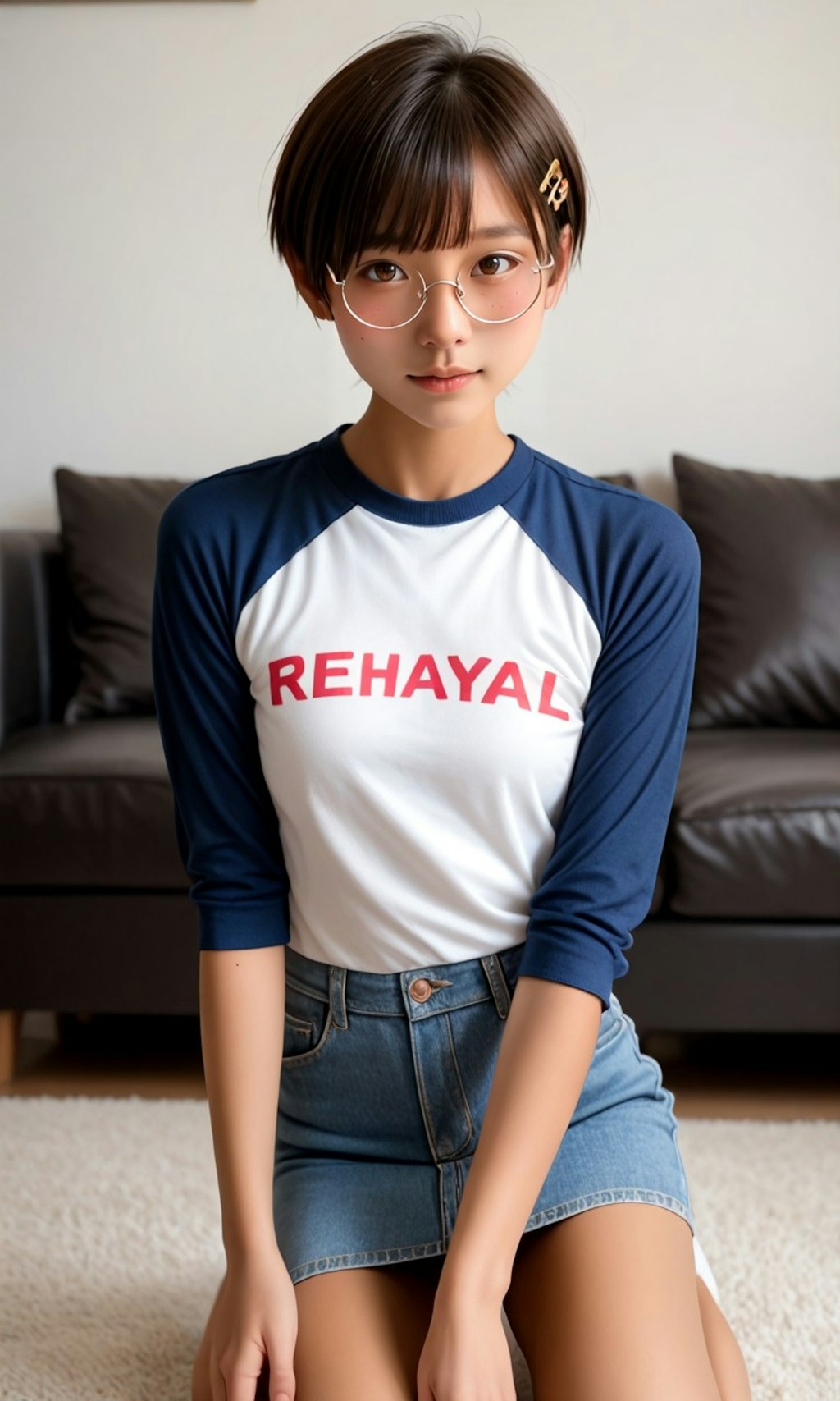 Tシャツ姿の丸メガネ少女