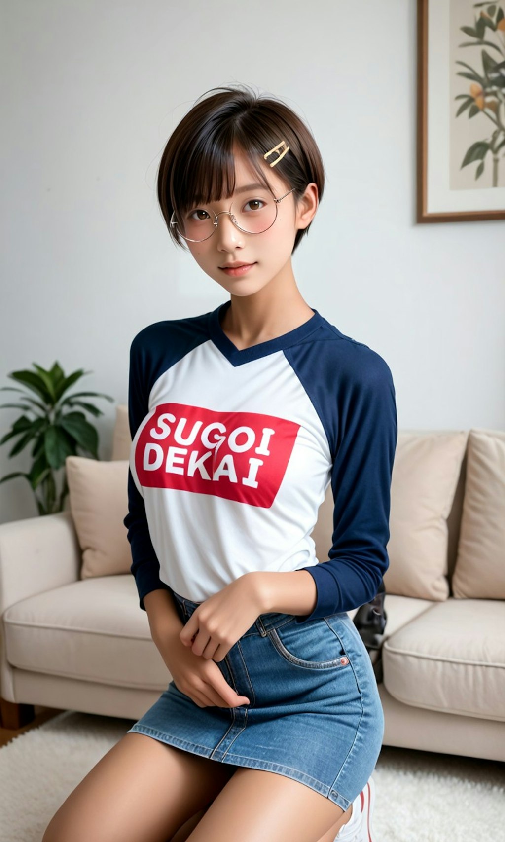 Tシャツ姿の丸メガネ少女