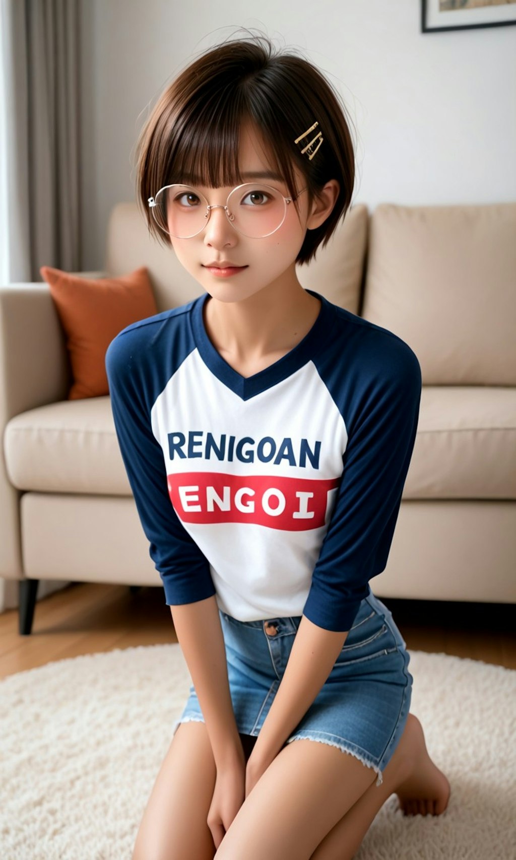 Tシャツ姿の丸メガネ少女