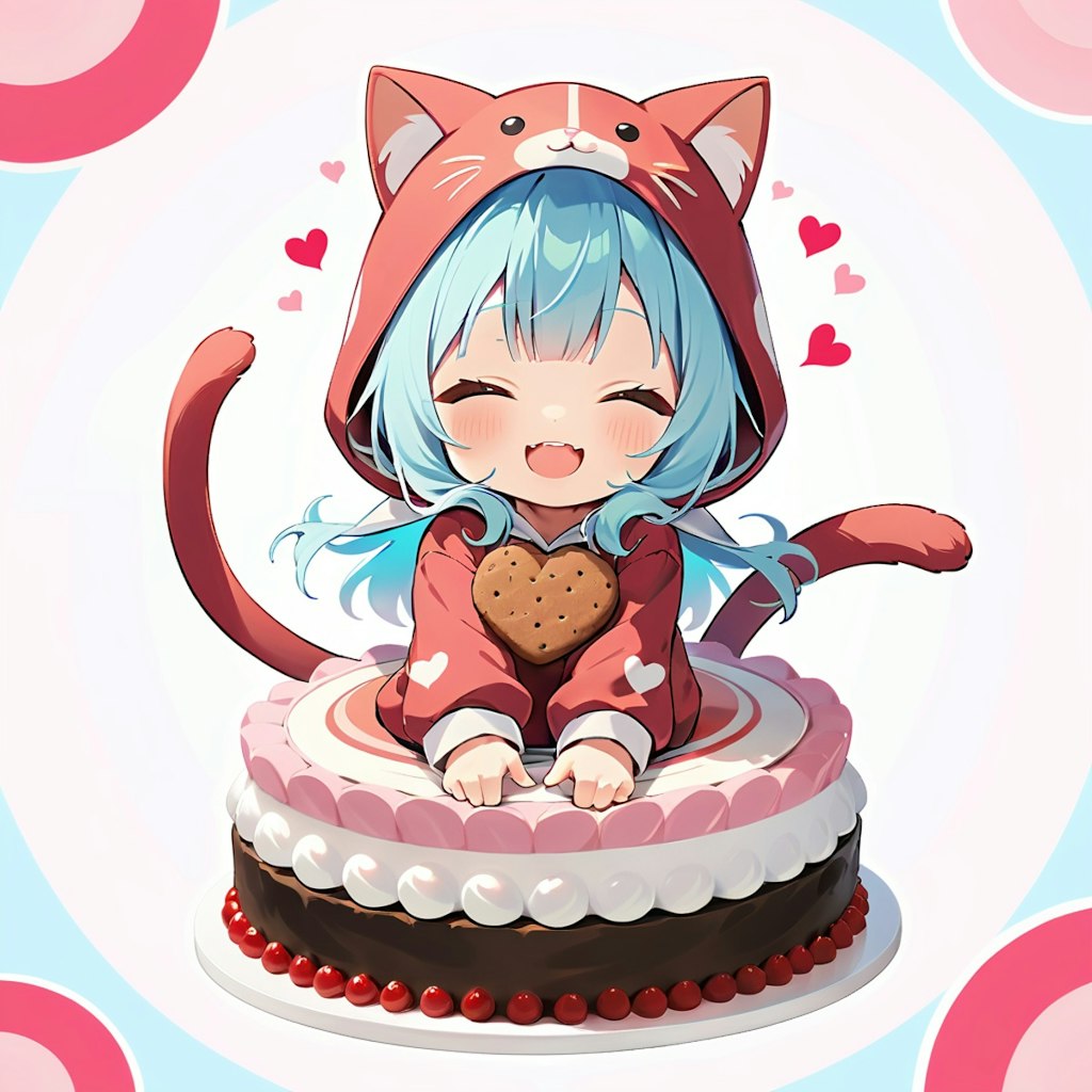 バレンタインチョコケーキに乗っちゃうケモミミ着ぐるみちび子ちゃん