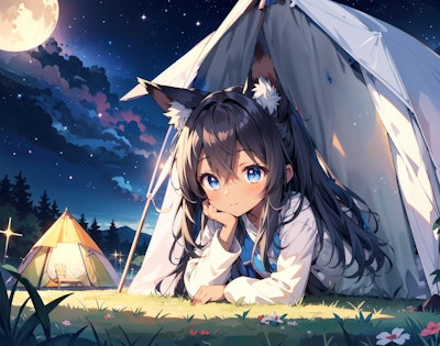 夜のキャンプと狐娘