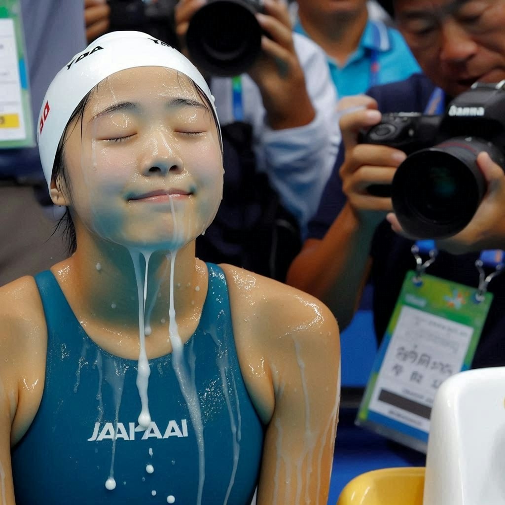 プールの前にシャワー浴びて余韻を楽しむ少女