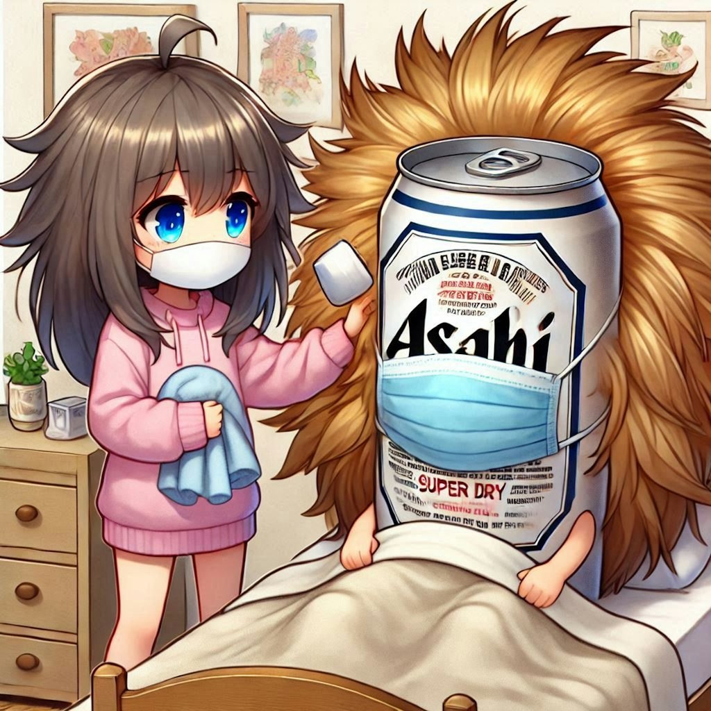 ビール缶の看病をする小さな女の子