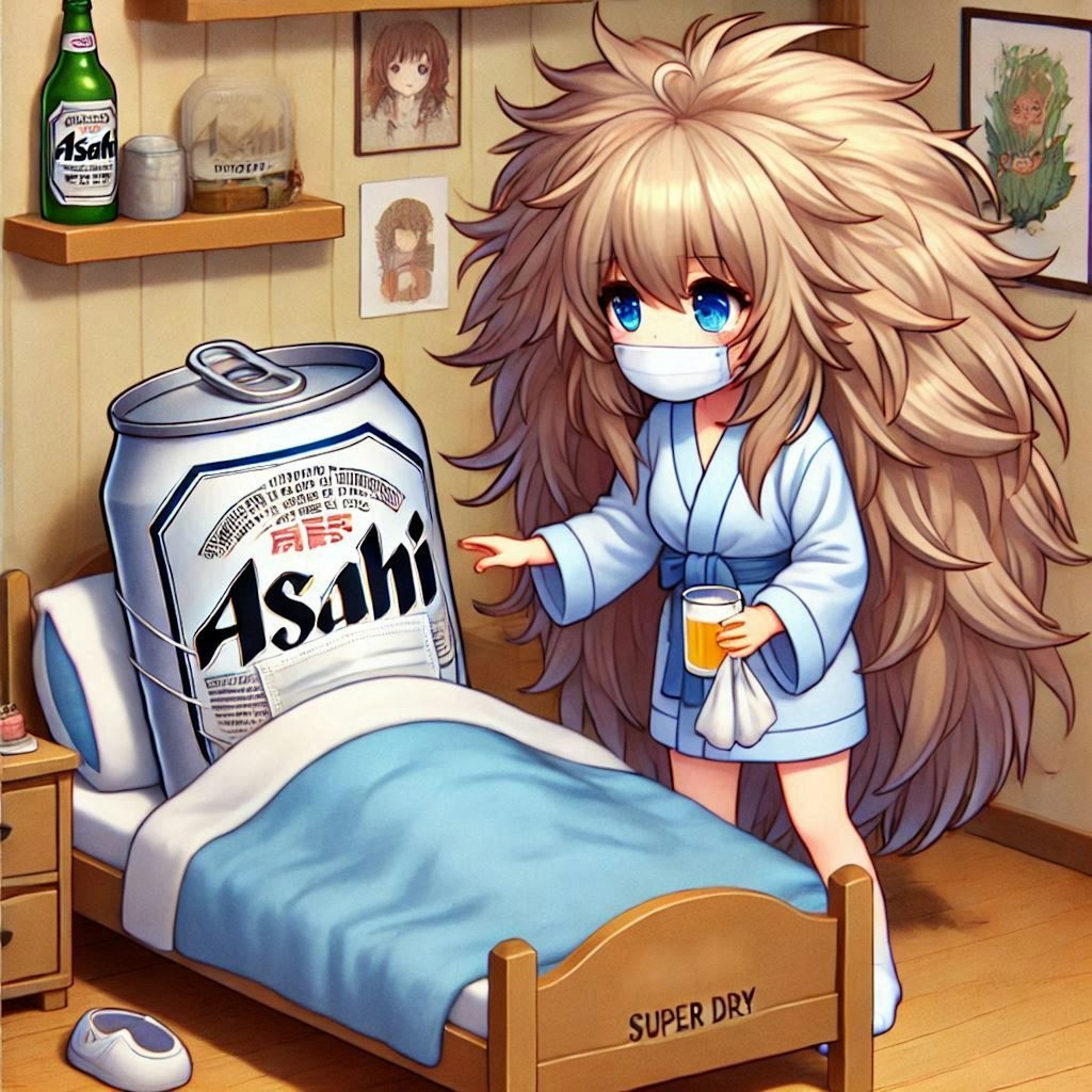 ビール缶の看病をする小さな女の子