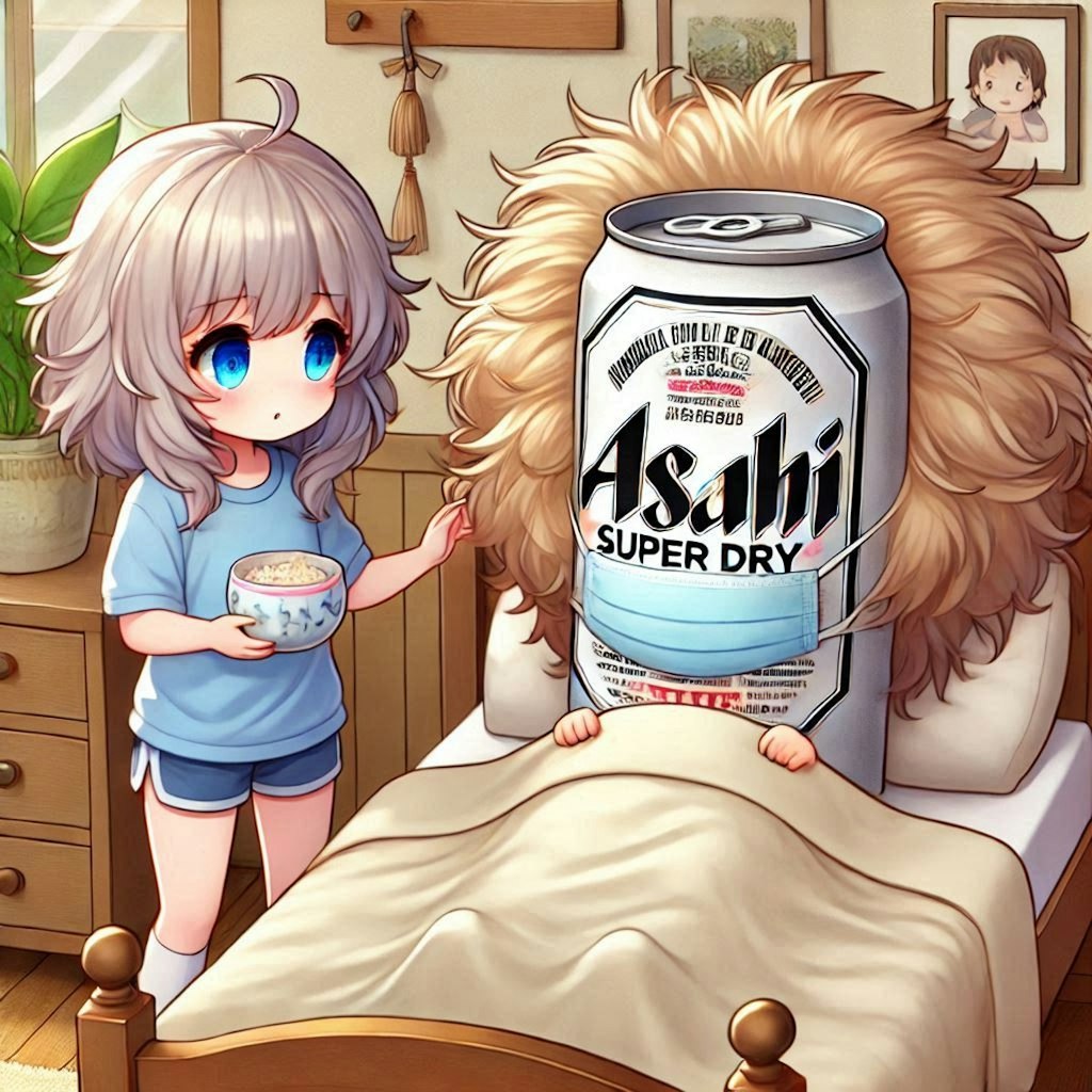 ビール缶の看病をする小さな女の子