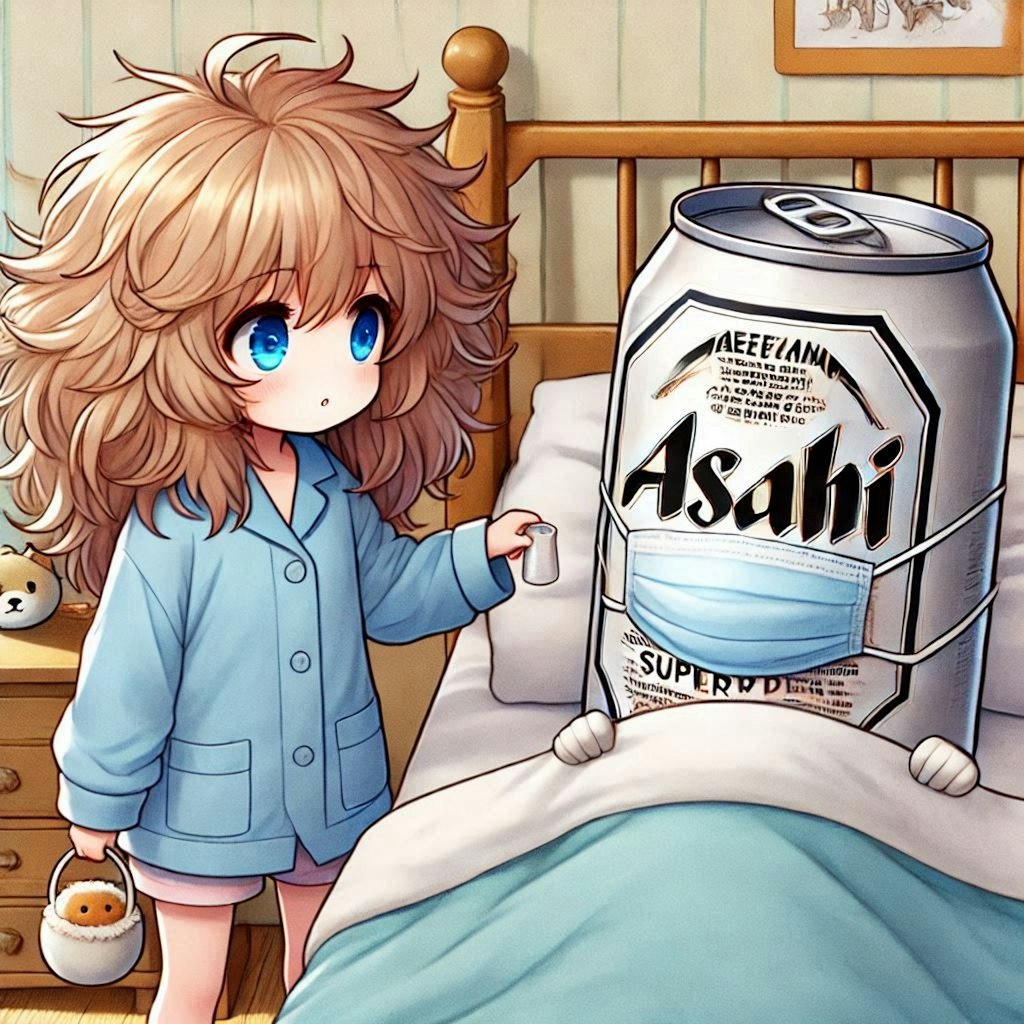 ビール缶の看病をする小さな女の子