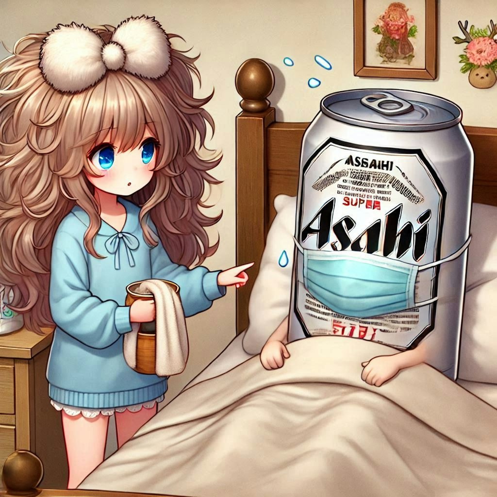 ビール缶の看病をする小さな女の子