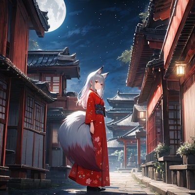 夜の寺院とお狐様