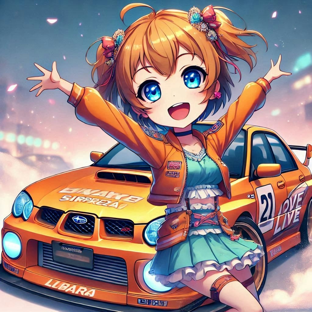 ラブライブキャラとオレンジカラースバルインプレッサのドリ車