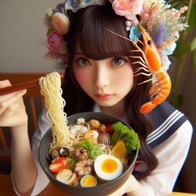 ゆめかわ少女とseafood noodle