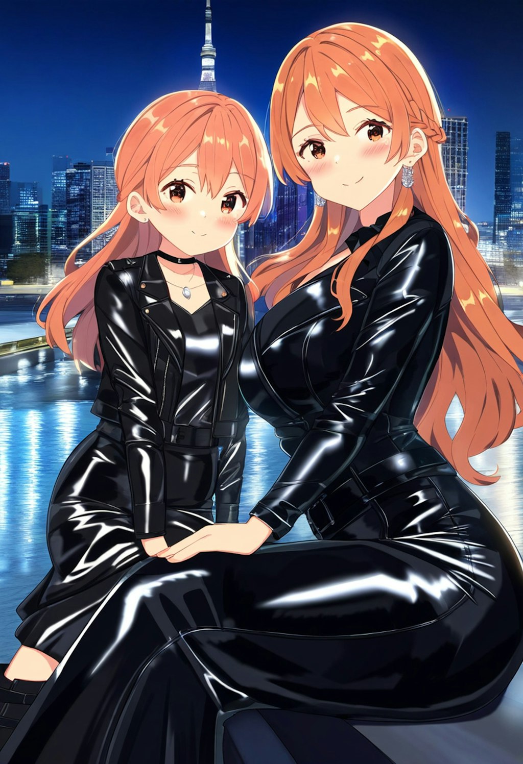 黒革ドレスの母娘と東京の夜景