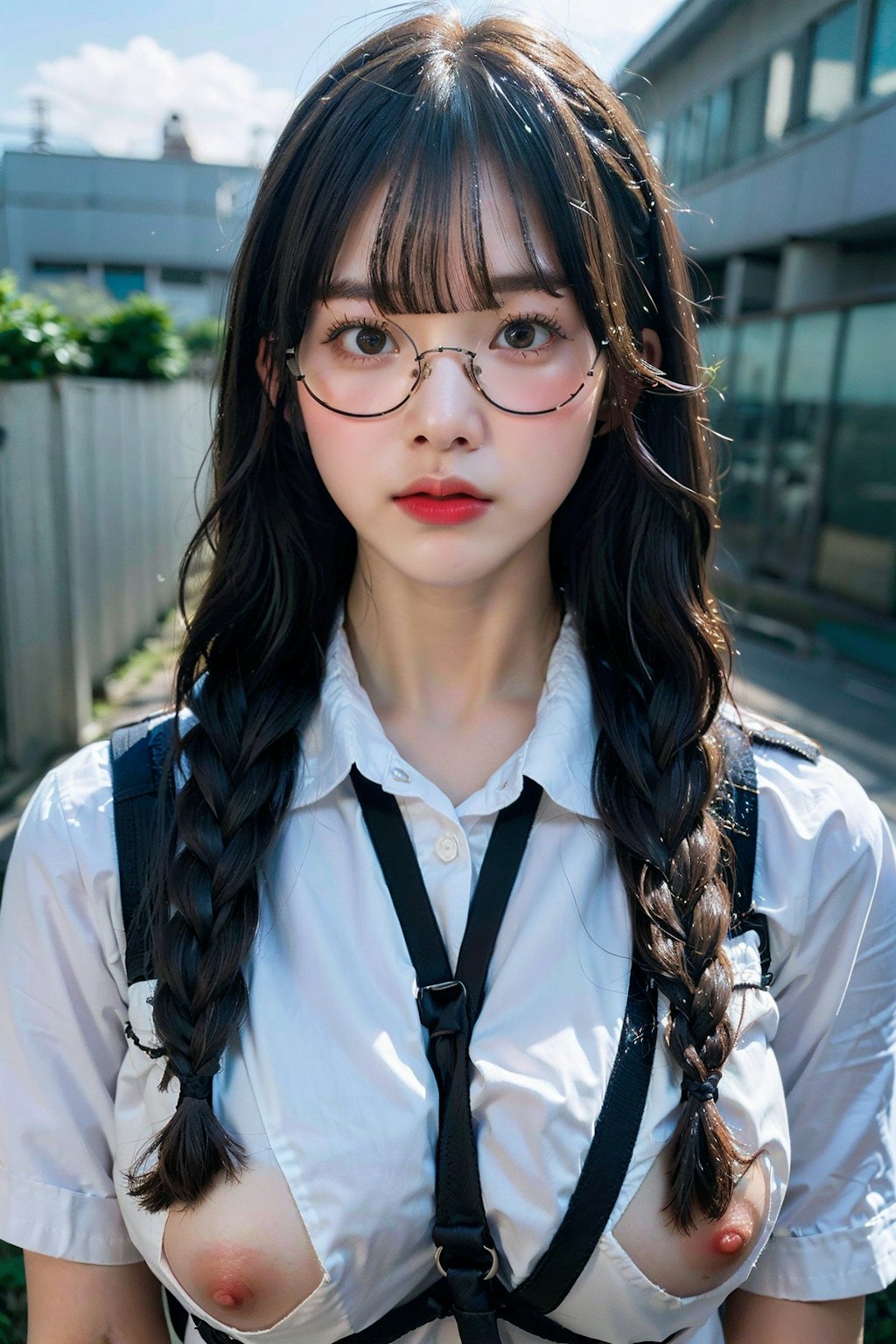 眼鏡女子校生コス+ボンテージでポロリ