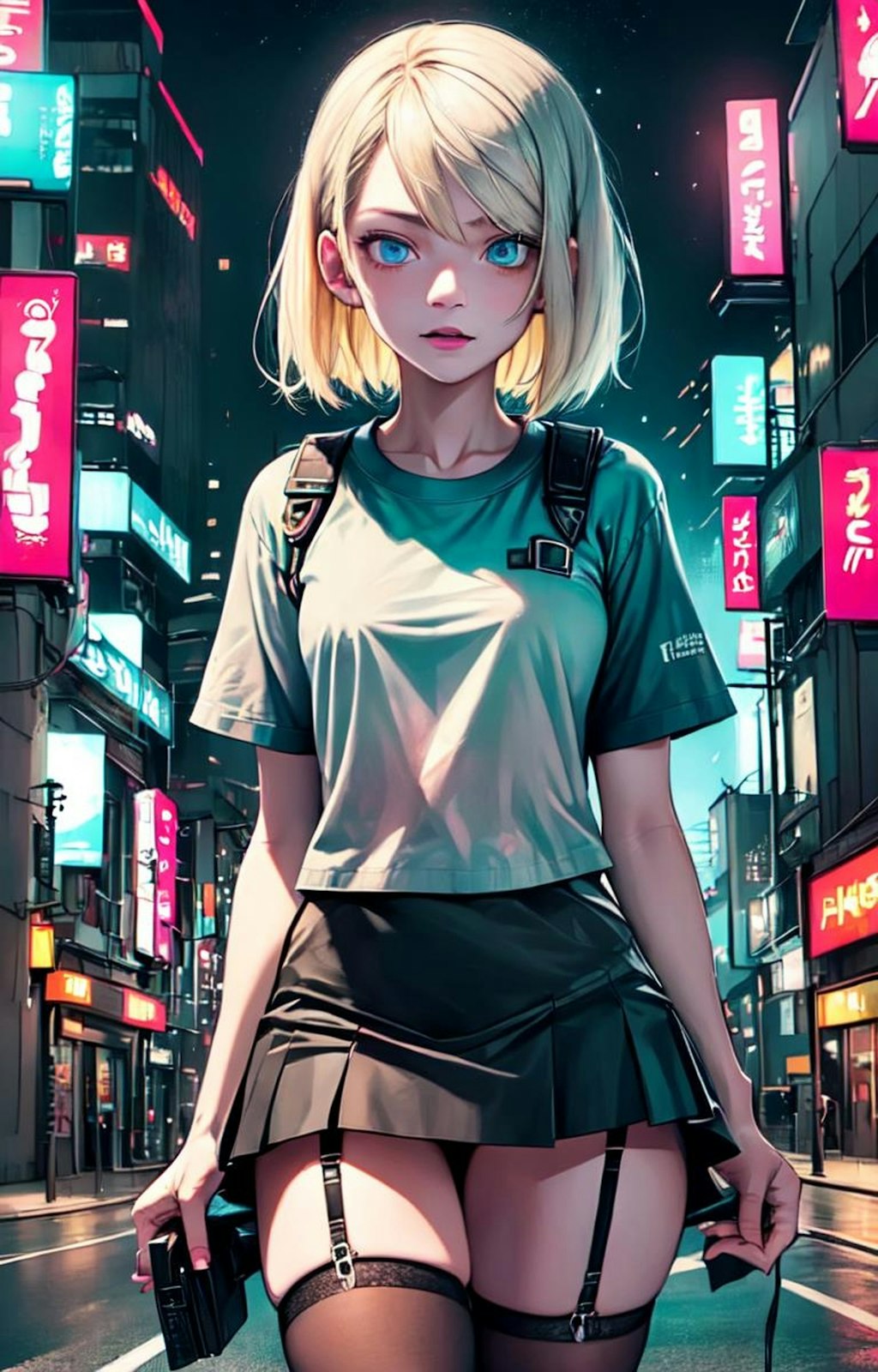 夜の街の金髪少女