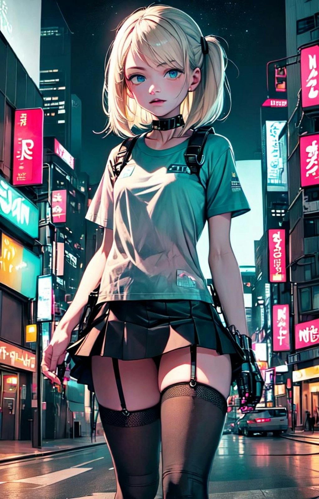 夜の街の金髪少女