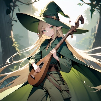 森でリュートを奏でるエルフ魔女