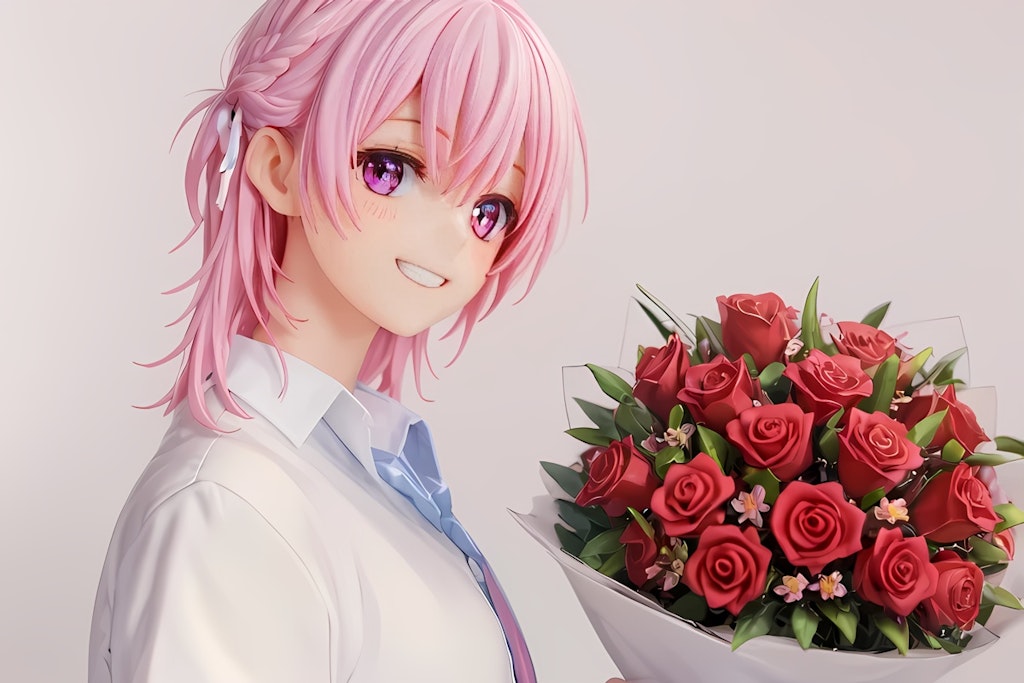 A handsome young man holding a bouquet of flowers