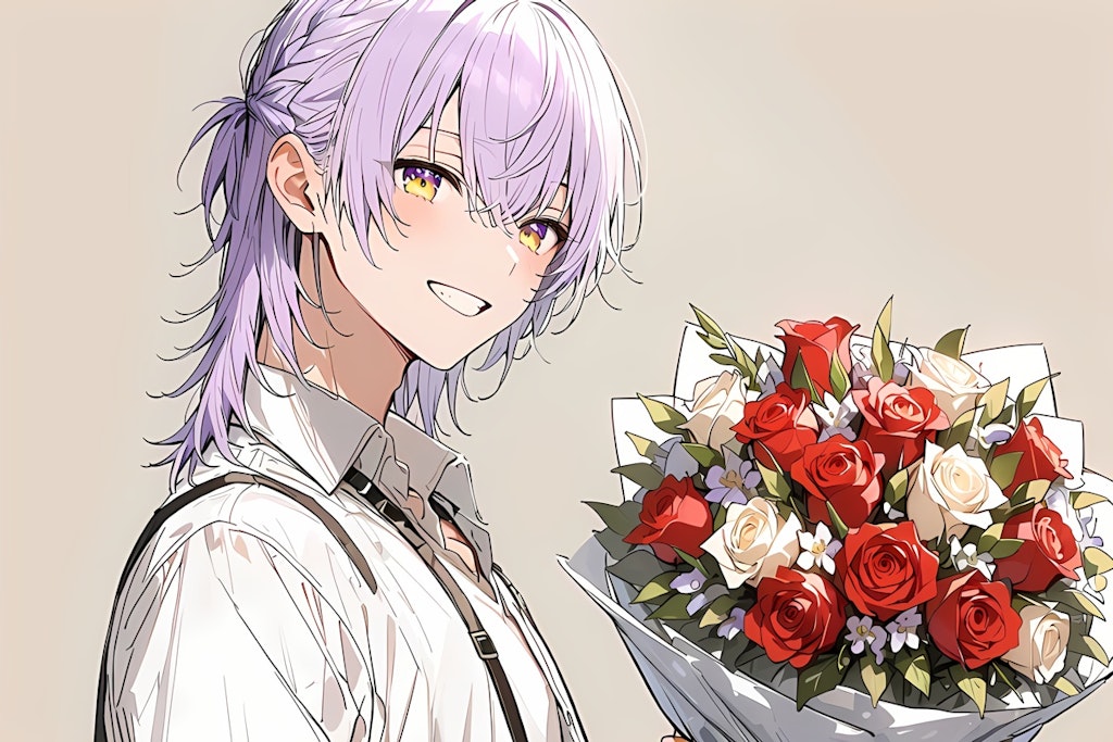 A handsome young man holding a bouquet of flowers