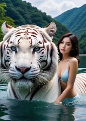 A girl with a white tiger in the middle of the river