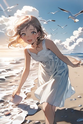 浜辺の貝殻と少女