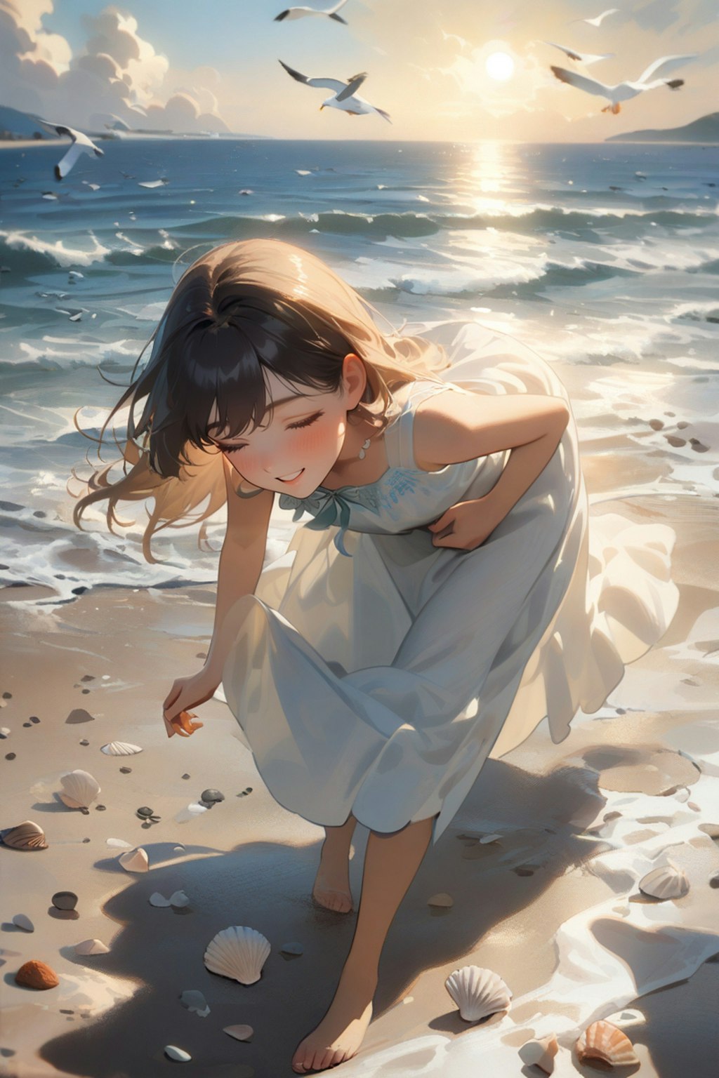 浜辺の貝殻と少女