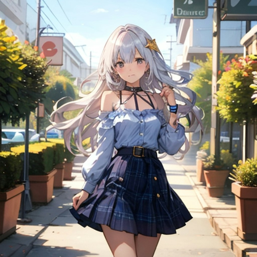 銀髪ウェーブロングでカジュアル服の少女