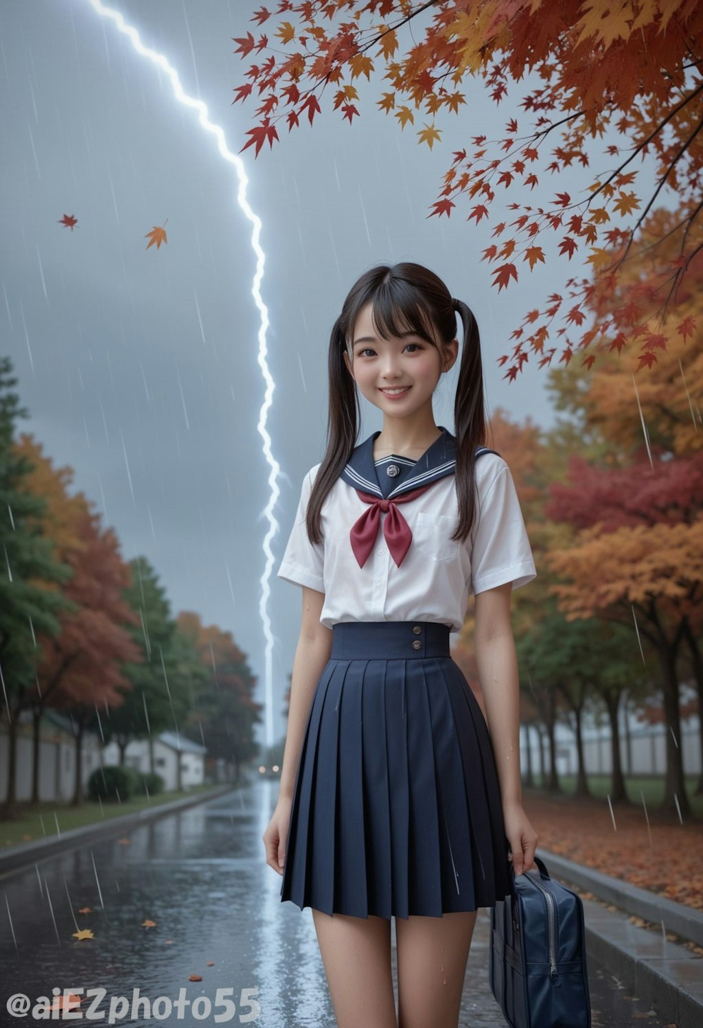 突然の　雷雨の中で　紅葉狩り4