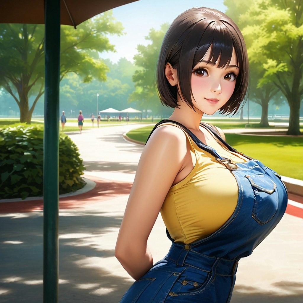 黒髪おかっぱの巨乳美少女と夏の公園でデート