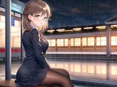 雨の駅に佇む制服眼鏡っ娘
