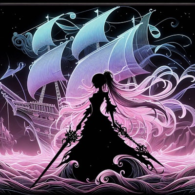 海賊船とピンク色のダークファンタジー