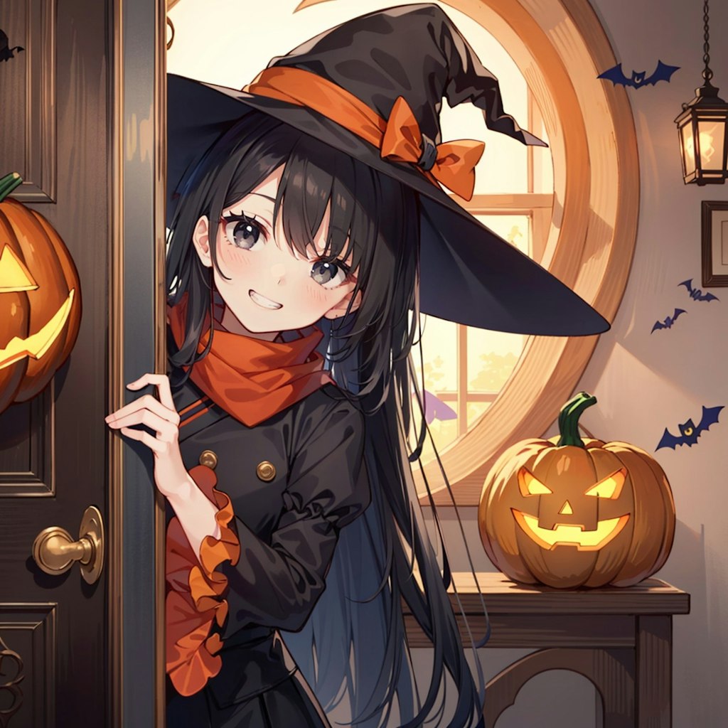 ハロウィン南瓜とドアから顔を覗かせる魔女