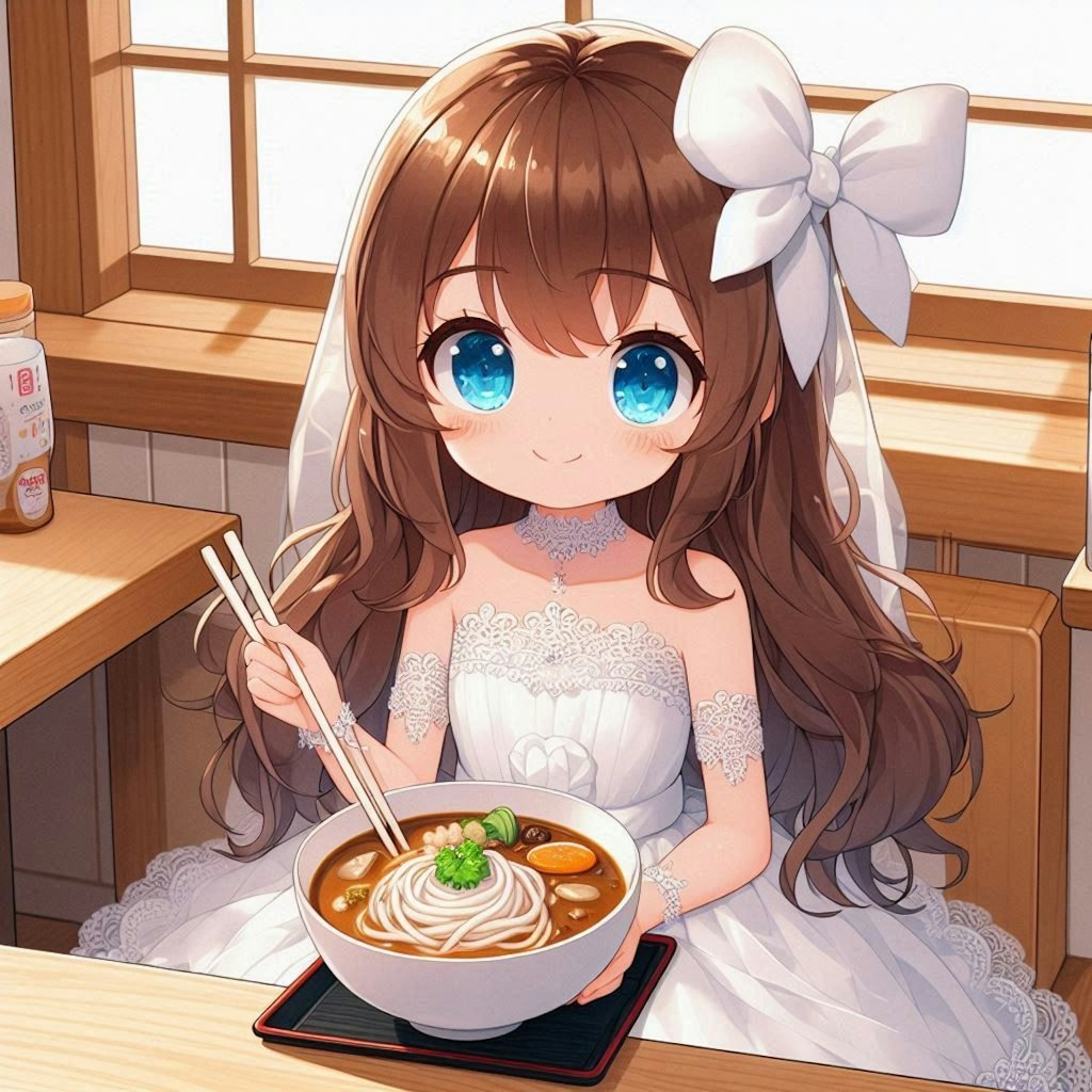 カレーうどんと純白ドレスの小さな女の子