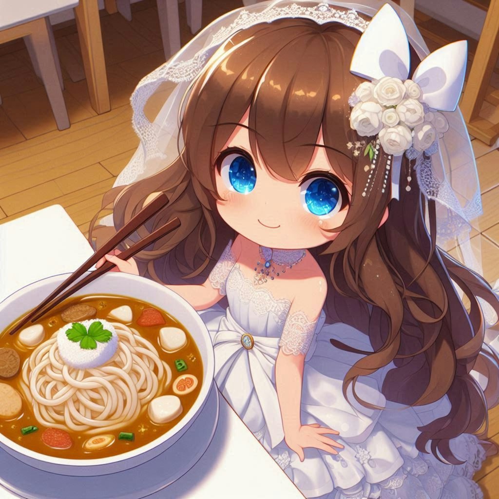 カレーうどんと純白ドレスの小さな女の子