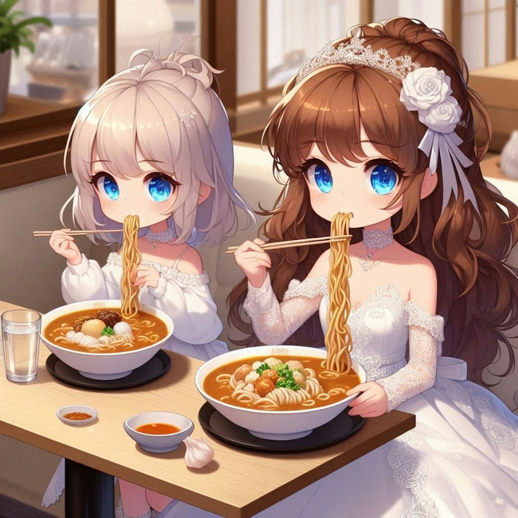 カレーうどんと純白ドレスの小さな女の子