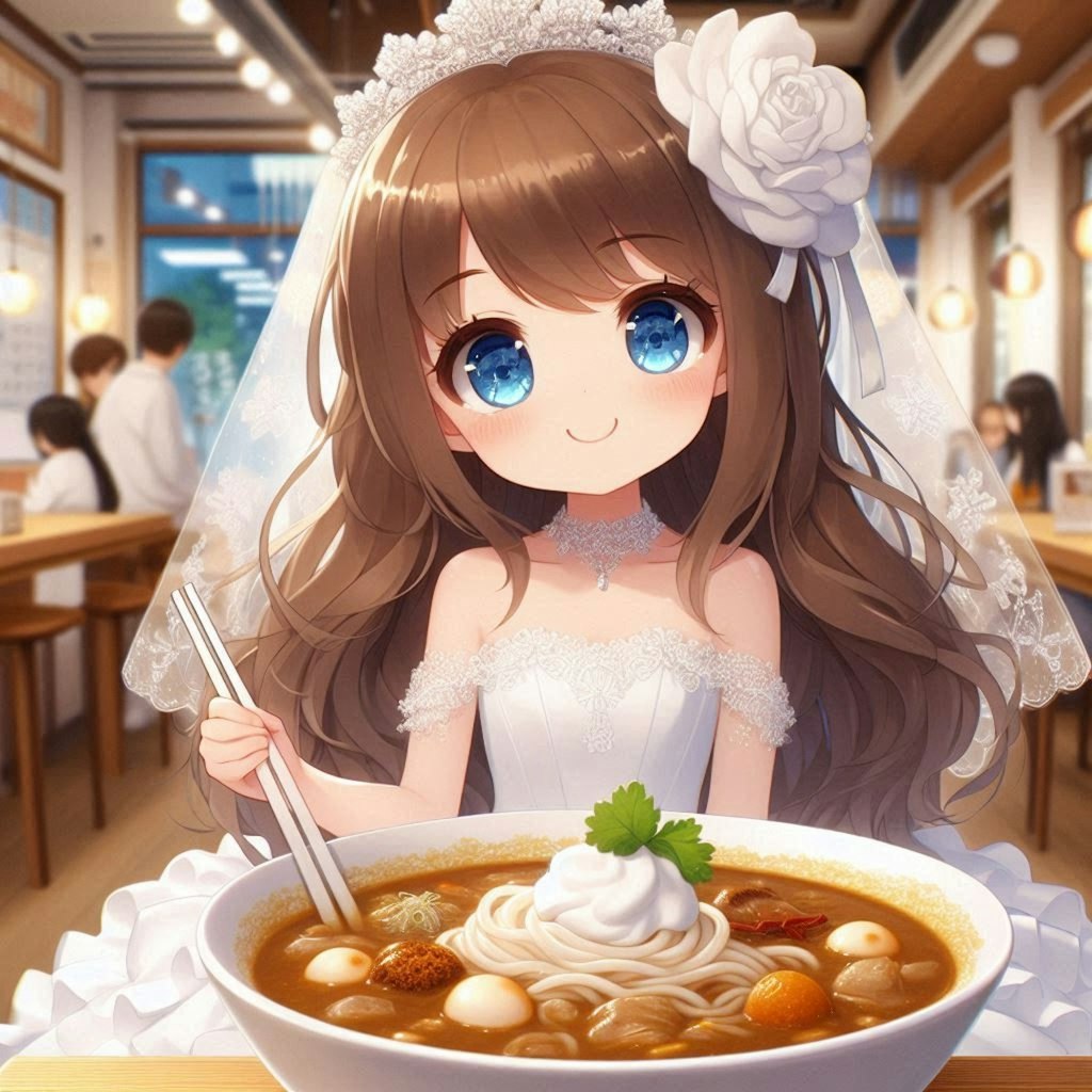 カレーうどんと純白ドレスの小さな女の子