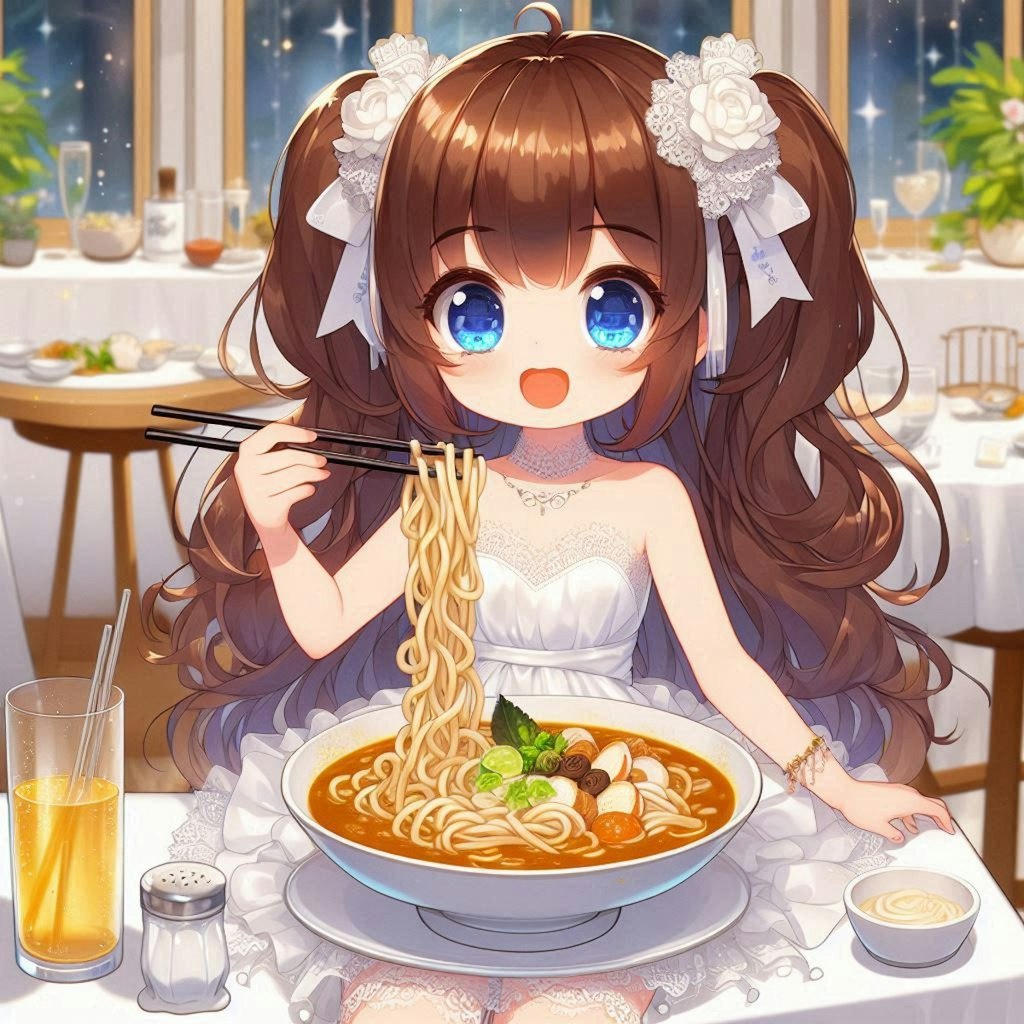 カレーうどんと純白ドレスの小さな女の子