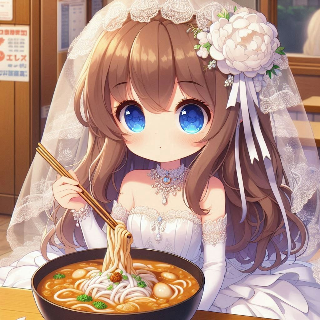 カレーうどんと純白ドレスの小さな女の子