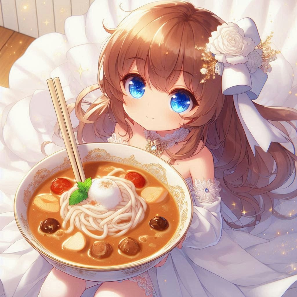 カレーうどんと純白ドレスの小さな女の子