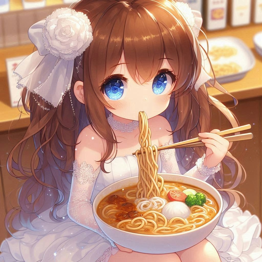 カレーうどんと純白ドレスの小さな女の子