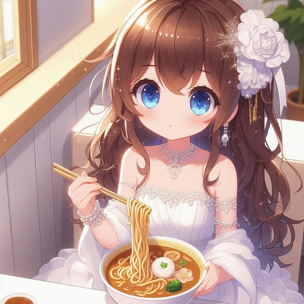 カレーうどんと純白ドレスの小さな女の子