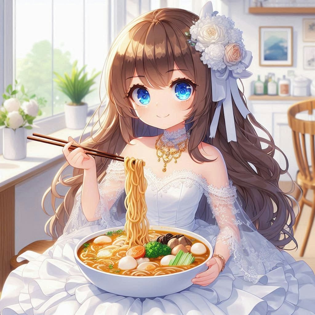 カレーうどんと純白ドレスの小さな女の子