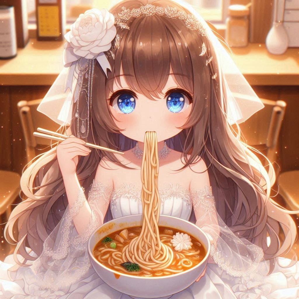 カレーうどんと純白ドレスの小さな女の子