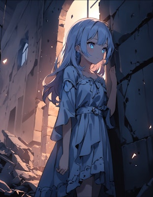 A girl stands in the ruins