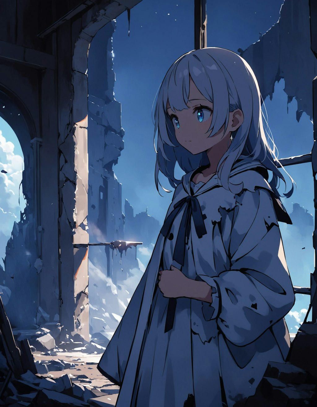 A girl stands in the ruins