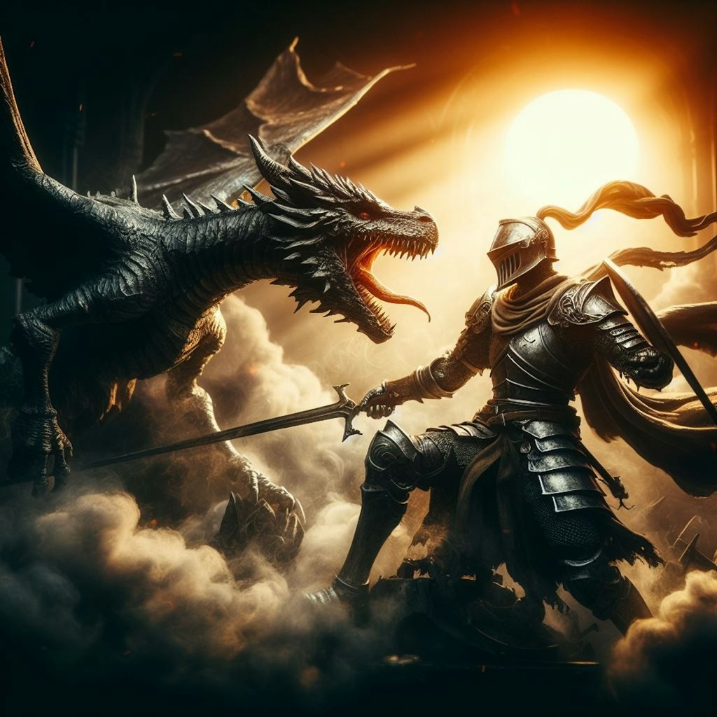 ドラゴンと対峙する騎士と…