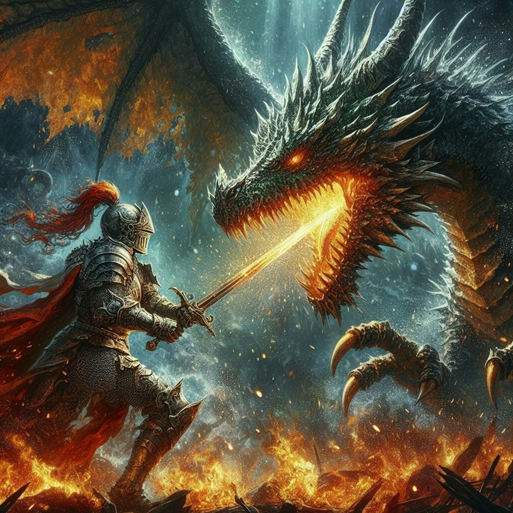 ドラゴンと対峙する騎士と…