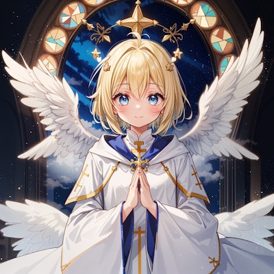 天使の羽根と祈る姿のシスター