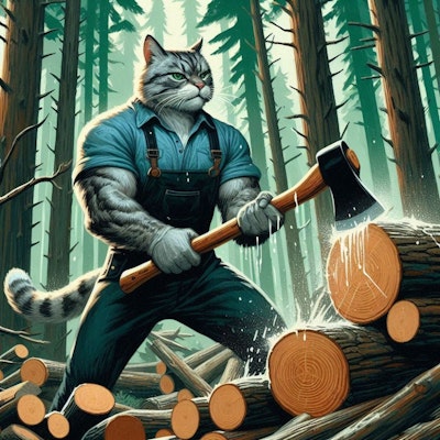 アクリル風 森で木を切る木こり猫