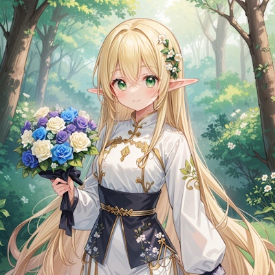 アオザイ姿で森から花束をお届けするエルフ魔女
